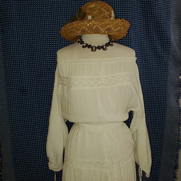 Vintage circa 1978 Bohemian Crochet Panels and Woven Cotton blend Midi Dress SzS - Picture 11 of 11